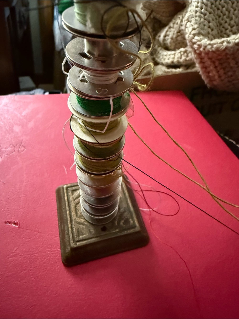 Vintage Metal Spool Stand with Assorted Sewing Bobbins - Green and Gold Threads